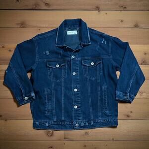 Pistola Premium Denim Jacket Mens Dark Wash Blue Distressed Trucker Retro Sz M/L